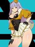  belt beyond_the_nobles black_gloves breasts choker cleavage contrapposto fur_trim gloves hairband hand_on_hip hand_on_own_thigh highres idolmaster idolmaster_(classic) kagemusha large_breasts long_hair looking_at_viewer purple_hair red_eyes shijou_takane silver_hair skirt smile solo standing thighs yellow_hairband 