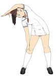  :o accio arm_over_head brown_hair dress full_body green_eyes hand_on_leg hebihara_emiko original ponytail solo stretch 