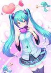  aqua_eyes aqua_hair arrow_through_heart blush chibi detached_sleeves gift gogatsu_no_renkyuu hatsune_miku heart heart-shaped_arrow long_hair necktie skirt solo thighhighs twintails vocaloid 