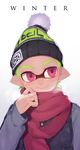  bobblehat breath buttons coat domino_mask etsuo green_hair hat inkling jacket long_sleeves looking_to_the_side male_focus mask monster_boy pink_eyes pointy_ears purple_jacket red_scarf scarf simple_background smile solo splatoon_(series) splatoon_1 tentacle_hair white_background winter winter_clothes winter_coat 