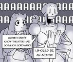  1girl animal_ears bag bags_under_eyes black_eyes chair clapping comic commentary english finger_to_mouth goat_ears goat_girl handbag horns jewelry koalacola monochrome monster_girl necklace papyrus_(font) papyrus_(undertale) pearl_necklace scarf screaming skeleton smile sweatdrop theater toriel undertale 