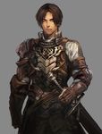  arm_belt armlet breastplate brown_eyes brown_gloves brown_hair collar cowboy_shot gloves grey_background highres looking_at_viewer male_focus official_art pants partly_fingerless_gloves scabbard serious sheath simple_background solo standing stranger_of_sword_city sword unsheathed weapon yoshinari_kou yoshinari_you 