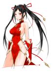  bare_shoulders black_hair breasts china_dress chinese_clothes covered_navel dress earrings hair_ribbon highres jewelry kyuusugi_toku long_hair looking_at_viewer medium_breasts original pelvic_curtain red_eyes red_ribbon ribbon sideboob skin_tight solo twintails very_long_hair 