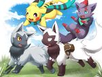  alternate_color artist_name bandana blue_sky clothed_pokemon cloud dated day gen_1_pokemon gen_3_pokemon gen_5_pokemon grass happy_birthday highres ivan_(ffxazq) midair no_humans not_shiny_pokemon open_mouth outdoors pikachu pokemon pokemon_(creature) poochyena pouch scarf sky smile zorua 