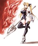  bardiche black_legwear blonde_hair bow breasts commentary_request covered_nipples detached_sleeves fate_testarossa gauntlets hair_bow highleg highleg_leotard large_breasts leotard long_hair looking_at_viewer lyrical_nanoha mahou_shoujo_lyrical_nanoha_strikers polearm red_eyes rindou_(radical_dream) skin_tight solo spear thighhighs twintails weapon 