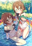  :d ;d anchor_symbol bikini bikini_bottom brown_eyes brown_hair bush collarbone day fang flat_chest grass grin hair_ornament hairclip highres hose ikazuchi_(kantai_collection) inazuma_(kantai_collection) kantai_collection kantoku_(style) kawai kneeling long_sleeves looking_at_viewer multiple_girls nature no_pants one_eye_closed open_mouth outdoors school_uniform serafuku short_hair sidelocks sitting smile sunlight swimsuit tied_hair wading_pool water wet wet_clothes white_bikini white_swimsuit 