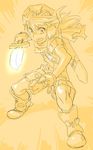  armor boots fingerless_gloves full_body gloves glowing glowing_sword glowing_weapon goggles goggles_on_head grandia hair_between_eyes holding holding_sword holding_weapon justin_(grandia) male_focus scabbard scarf sheath short_sleeves shorts solo sword weapon white_background yellow 