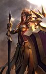  armor backlighting bikini_armor breastplate brown_eyes brown_hair cassio_yoshiyaki cowboy_shot ear_protection faulds forehead_protector gauntlets highres league_of_legends leona_(league_of_legends) light_smile lips long_hair nose planted_sword planted_weapon shield solo sword weapon 