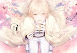  blonde_hair character_name cherry_blossoms haori japanese_clothes male_focus miyamotokannn monoyoshi_sadamune petals seiza sitting smile solo suspenders touken_ranbu yellow_eyes 