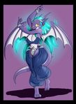  2015 anthro barefoot big_breasts black_border breasts cleavage clothed clothing dragon drega female hair hi_res horn long_hair open_mouth scalie slit_pupils solo suirano wings 