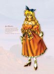  artbook bare_shoulders blonde_hair bow brown_eyes calamity_jane character_name collarbone detached_sleeves dress english freckles full_body high_heels ito_yoshihiko jewelry long_hair long_sleeves looking_at_viewer map neck_ring official_art orange_bow orange_dress orange_sleeves puffy_long_sleeves puffy_sleeves sash serious solo standing text_focus very_long_hair wavy_hair white_background white_legwear wild_arms wild_arms_1 