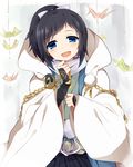  :d black_hair blue_eyes borrowed_garments bridal_gauntlets cosplay hood japanese_clothes male_focus mole mole_under_eye open_mouth origami paper_crane pom_pom_(clothes) ponytail scarf smile solo touken_ranbu tsurumaru_kuninaga tsurumaru_kuninaga_(cosplay) uguisu_mochi_(ykss35) yamato-no-kami_yasusada 