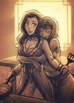  asami_sato avatar_(series) breasts cleavage closed_eyes cooking couple hug hug_from_behind iahfy jewelry korra large_breasts multiple_girls navel necklace sepia sepia_background smile spatula stove the_legend_of_korra yuri 