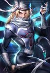  artist_name bandages banned_artist blonde_hair bodysuit covering_mouth gem hair_over_one_eye hat holding holding_weapon jewelry kunai leg_up long_hair looking_at_viewer ninja red_eyes sakimichan sarashi scarf sheik skin_tight solo super_smash_bros. symbol the_legend_of_zelda the_legend_of_zelda:_ocarina_of_time tied_hair very_long_hair watermark weapon web_address white_scarf zelda_musou 