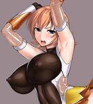  armpits arms_up blue_eyes blush bracer breasts commentary_request covered_nipples fishnets igawa_sakura impossible_clothes large_breasts open_mouth orange_hair rindou_(radical_dream) short_hair skin_tight solo taimanin_(series) taimanin_asagi upper_body 