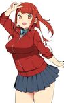  1girl :d accio jacket open_mouth pleated_skirt red_hair skirt smile solo symbol-shaped_pupils track_jacket v 