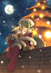  boots brick_wall brown_gloves christmas christmas_tree from_below gloves goddandies green_eyes green_hair hat looking_at_viewer male_focus moon open_mouth pointy_ears red_footwear resi santa_boots santa_costume santa_hat sitting_on_wall snow solo summon_night 