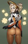  ass blonde_hair bodysuit breasts cowboy_shot gloves grey_eyes high_ponytail highres looking_at_viewer looking_back mechanical_halo medium_breasts mercy_(overwatch) overwatch pantyhose ponytail short_hair smile solo splashbrush thighs 