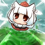  animal_ears bad_id bad_pixiv_id chibi fang flying hat inubashiri_momiji inunoko. looking_at_viewer motion_blur motion_lines open_mouth red_eyes short_hair solo tokin_hat touhou white_hair wolf_ears 