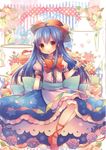  blue_hair dress flower food fork full_body hat highres hinanawi_tenshi layered_dress leg_ribbon long_hair looking_at_viewer non-web_source open_mouth pjrmhm_coa puffy_sleeves red_eyes ribbon sash scan shoes short_sleeves sitting solo striped striped_background sweets touhou wrist_cuffs 