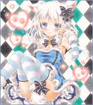  animal_ears argyle argyle_background arm_warmers bell blue_eyes blush boots border bow breasts cat_ears cat_girl cat_tail cleavage colored_pencil_(medium) detached_sleeves dress fur_boots fur_trim hair_bow heart jingle_bell light_smile looking_at_viewer marker_(medium) medium_breasts multicolored multicolored_background original parted_lips paw_print petticoat potto reclining sample shoe_ribbon short_hair solo strapless strapless_dress striped striped_legwear striped_sleeves tail thighhighs traditional_media white_hair 