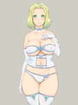  asymmetrical_clothes bare_shoulders blonde_hair breasts brown_background choker cleavage collarbone covered_nipples elbow_gloves gloves green_eyes large_breasts looking_at_viewer navel original shikuta_maru short_hair simple_background skindentation smile solo thighhighs thighs white_gloves white_legwear 