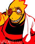  alphys broken_glasses chibimu clothing doctor_alphys_(underfell) english_text eyewear female glasses simple_background smile solo tagme teeth text underfell undertale video_games 