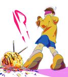  1boy blue_shorts blurry brown_hair depth_of_field food full_body heterochromia hood hoodie ice_cream ice_cream_cone ice_cream_cone_spill legs_apart long_sleeves looking_down male_focus matsuno_juushimatsu osomatsu-kun osomatsu-san pocky shirt shoes shorts simple_background sleeves_past_wrists socks solo standing surprised white_background white_legwear yacharen yellow_footwear yellow_shirt 