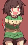  androgynous behind_back big_cat_shan blood bloody_knife bloody_weapon blush brown_hair chara_(undertale) crazy_eyes fang heart heart_necklace jewelry knife necklace open_mouth pendant red_background red_eyes shirt shorts simple_background smile solo spoilers standing striped striped_shirt undertale weapon 