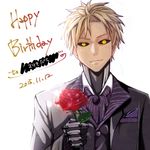  2015 black_sclera blonde_hair cyborg dated flower formal genos happy_birthday lens_flare looking_at_viewer lowres male_focus one-punch_man rose smile solo suit teba_orz yellow_eyes 