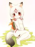  animal_ears blush kida_kuro_mu looking_at_viewer navel nude ookami_(game) personification short_hair solo tail white_hair wolf_ears 