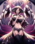  bad_id bad_pixiv_id black_hair black_legwear breasts brown_hair capelet claws cloak crossed_legs demon_girl finger_to_mouth frills garter_belt hand_on_own_chest horns index_finger_raised large_breasts limeblock lingerie looking_at_viewer midriff navel original red_eyes short_hair shushing smile solo stairs thigh_gap thighhighs underwear wings 