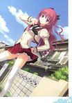  black_neckwear blue_eyes brown_hair day hair_ornament highres long_hair necktie outdoors panties pleated_skirt push!! red_skirt school_uniform skirt sky solo thighhighs thumbs_down underwear white_legwear white_panties yoshino_keiko 