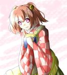 ao-shiba apron bell checkered checkered_clothing hair_bell hair_ornament japanese_clothes motoori_kosuzu red_eyes red_hair solo touhou two_side_up 