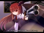  aiming_at_viewer bat_wings breasts buna_shimeji_(keymush) derringer double_barrels finger_on_trigger foreshortening frown gun handgun head_wings koakuma letterboxed light_trail long_hair red_eyes red_hair serious shirt skirt small_breasts solo touhou translation_request vest weapon wings 