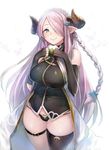  bare_shoulders black_gloves black_legwear black_panties blue_eyes breasts coat draph elbow_gloves gloves granblue_fantasy hair_ornament hair_over_one_eye highres horns large_breasts narmaya_(granblue_fantasy) no_pants open_clothes open_coat panties pointy_ears shirt silver_hair single_thighhigh smile solo taishi_(picchiridou) thighhighs underwear 