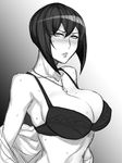  black_beat blush bra breasts bursting_breasts cleavage gradient gradient_background greyscale jewelry large_breasts lips looking_at_viewer mature monochrome necklace parted_lips short_hair solo sweat underwear undressing 