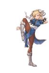  blonde_hair blue_dress boots bracelet brown_eyes brown_legwear bun_cover china_dress chinese_clothes chun-li chun-li_(cosplay) cosplay cross-laced_footwear djeeta_(granblue_fantasy) double_bun dress eyeshadow fighting_stance flexible full_body game_cg granblue_fantasy high_collar jewelry lace-up_boots leg_up legs makeup minaba_hideo official_art pantyhose pelvic_curtain puffy_short_sleeves puffy_sleeves ribbon sash see-through short_hair short_sleeves side_slit smile solo spiked_bracelet spikes standing standing_on_one_leg street_fighter transparent_background white_footwear white_ribbon 