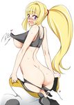  ass assisted_exposure blonde_hair blush breasts crop_top embarrassed gundam gundam_tekketsu_no_orphans hands kudelia_aina_bernstein large_breasts long_hair miito_shido nipples out_of_frame panties panty_pull ponytail purple_eyes shirt_lift solo_focus tears underwear very_long_hair 