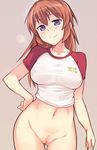  ass_visible_through_thighs blue_eyes blush bottomless breasts censored charlotte_e_yeager em hand_on_hip large_breasts long_hair looking_at_viewer mega_milk meme_attire navel no_panties orange_hair pubic_hair pussy raglan_sleeves shirt smile solo strike_witches taut_clothes taut_shirt world_witches_series 