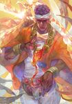  artist_name black_hair cowboy_shot dark_skin dark_skinned_male facial_mark fire headband jojo_no_kimyou_na_bouken magician's_red male_focus mohammed_avdol oreki_genya red_eyes robe stand_(jojo) stardust_crusaders wrist_cuffs 