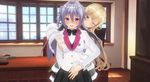  3d absurdres blush breast_grab breasts chair claudia_enfield custom_maid_3d desk gakusen_toshi_asterisk grabbing hair_between_eyes highres jewelry long_hair multiple_girls one_eye_closed purple_hair ring school_uniform skirt sumxsum03 toudou_kirin window yuri 