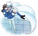  1girl blue_eyes blue_sailor_collar blue_serafuku brown_hair cape carrying formal gloves hat kaitou_kid kneehighs loafers long_hair looking_at_another m_(abcd) meitantei_conan nakamori_aoko necktie princess_carry sailor_collar school_uniform shoes skirt standing suit sweatdrop tile_floor tiles top_hat 