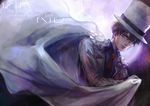  backlighting bad_id bad_pixiv_id black_hair cape character_name formal hat kaitou_kid kuroba_kaito magic_kaito male_focus meitantei_conan monocle necktie oreki_genya purple_eyes solo suit top_hat white_suit 