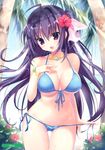  :3 :d absurdres ahoge beach bikini bikini_pull blue_bikini bracelet breasts cleavage day fingernails flower front-tie_top hair_flower hair_ornament hand_on_own_chest hibiscus highres jewelry kino_(kino_konomi) large_breasts long_fingernails long_hair melonbooks navel necklace one_side_up open_mouth outdoors purple_eyes purple_hair side-tie_bikini smile solo swimsuit thigh_gap untied untied_bikini wet 