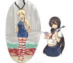  black_hair blonde_hair blush casual drooling grey_eyes hair_ornament hairband headgear headphones highres kantai_collection long_hair magazine midriff multiple_girls nagato_(kantai_collection) naked_overalls overalls red_eyes school_uniform serafuku shijia_ba shimakaze_(kantai_collection) striped striped_legwear thighhighs 