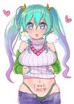  aqua_hair arm_warmers bare_shoulders blue_eyes blue_hair blush body_writing breasts censored_text clothes_lift english full-face_blush gradient_hair heart heart-shaped_pupils heavy_breathing jewelry large_breasts league_of_legends long_hair looking_at_viewer mole mole_under_eye multicolored_hair nail_polish navel nisimorou open_mouth open_pants panties profanity pubic_tattoo ribbed_sweater sleeveless sleeveless_turtleneck solo sona_buvelle sweater sweater_lift symbol-shaped_pupils tattoo turtleneck twintails underwear very_long_hair 
