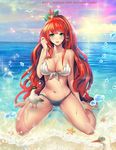  animal ariel_(disney) artist_name bare_arms bare_legs barefoot beach bird blurry blush bow breasts cleavage collarbone crown front-tie_bikini front-tie_top green_eyes hair_bow hair_in_mouth heart horizon humanization large_breasts lips long_hair looking_at_viewer midriff navel ocean outdoors parted_lips partially_submerged pham_thai_chau red_hair sand seagull sitting sitting_on_water skindentation solo spoken_heart starfish strapless strapless_swimsuit sun sunlight swimsuit the_little_mermaid very_long_hair wariza water water_drop watermark web_address wet 