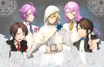  aqua_eyes bad_id bad_pixiv_id blonde_hair blue_eyes blush boutonniere bow bowtie brown_eyes brown_hair flower formal grin hachisuka_kotetsu hood jewelry kasen_kanesada kashuu_kiyomitsu male_focus mole mole_under_mouth multiple_boys mutsu-no-kami_yoshiyuki necktie one_eye_closed open_mouth pachinnn ponytail proposal purple_hair red_flower red_rose ring rose smile suit touken_ranbu wedding_band white_flower white_rose yamanbagiri_kunihiro 