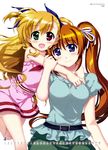  2girls absurdres blonde_hair blush brown_hair calendar_(medium) fujima_takuya heterochromia highres lyrical_nanoha mahou_shoujo_lyrical_nanoha_vivid multiple_girls official_art purple_eyes scan side_ponytail takamachi_nanoha vivio 